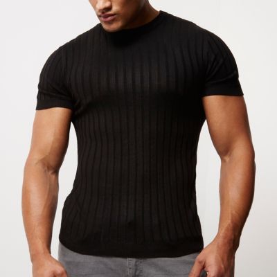 Navy chunky ribbed muscle fit T-shirt